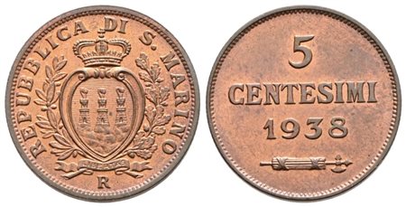SAN MARINO. Vecchia monetazione (1864-1938). 5 centesimi 1938. Cu; 3,25gr; Gig.43; FDC rame rosso