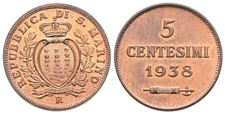 SAN MARINO. Vecchia monetazione (1864-1938). 5 centesimi 1938. Cu; 3,25gr; Gig.43; FDC rame rosso