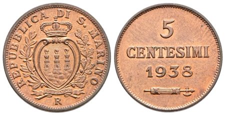 SAN MARINO. Vecchia monetazione (1864-1938). 5 centesimi 1938. Cu; 3,25gr; Gig.43; FDC rame rosso
