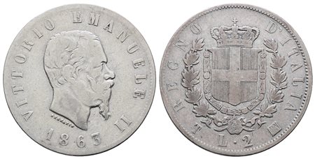 REGNO D'ITALIA. TORINO. Vittorio Emanuele II (1861-1878). 2 lire 1863 stemma. Gig. 57; Ag; 10gr. MB/BB