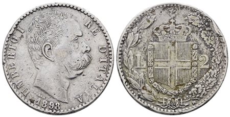 REGNO D'ITALIA. Umberto I (1878-1900). 2 lire 1898. Gig.34; Ag; 9,84gr; Raro falso d'epoca. Colpi. qBB
