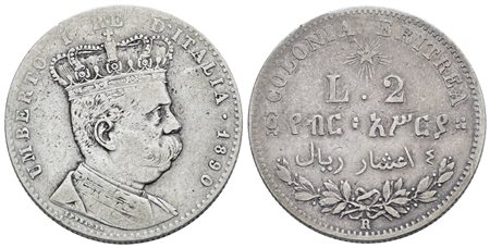 COLONIA ERITREA. Umberto I (1890-1896). 2 Lire 1890. Ag; 10gr; Gig.3; NC; Q.BB