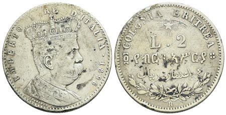 COLONIA ERITREA. Umberto I (1890-1896). 2 Lire 1896. Ag; 10gr; Gig.4; Raro; Q.BB, minimi graffietti.