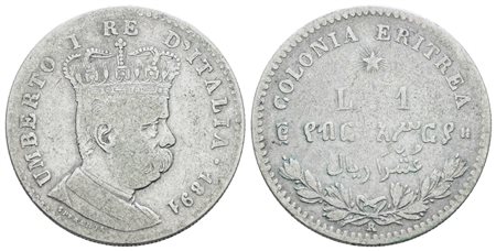 COLONIA ERITREA. Umberto I (1890-1896). 1 lira 1891. Ag; 5gr; Gig.6; NC; MB