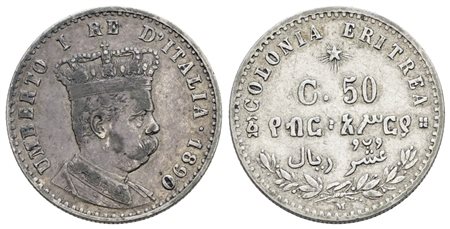 COLONIA ERITREA. Umberto I (1890-1896). 50 centesimi 1890. Ag; 2,5gr; Gig.8; Raro; BB