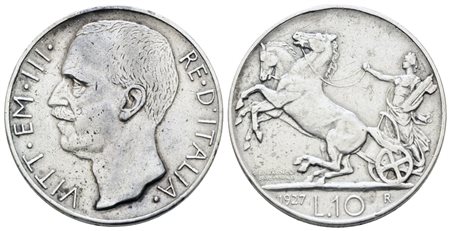 REGNO D'ITALIA. Vittorio Emanuele III (1900-1943). 10 lire 1927 "Biga"**. Ag; 10gr; Gig.56a; BB+