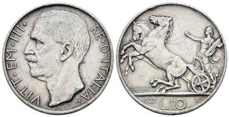 REGNO D'ITALIA. Vittorio Emanuele III (1900-1943). 10 lire 1927 "Biga"**. Ag; 10gr; Gig.56a; BB