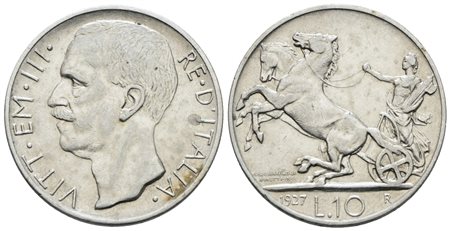 REGNO D'ITALIA. Vittorio Emanuele III (1900-1943). 10 lire 1927 "Biga"**. Ag; 10gr; Gig.56a; BB+