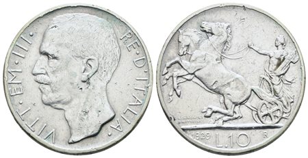 REGNO D'ITALIA. Vittorio Emanuele III (1900-1943). 10 lire 1929 "Biga"**. Ag; 10gr; Gig.58a; NC; Q.BB