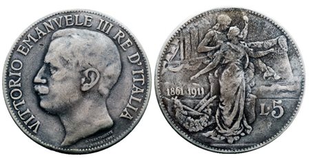 REGNO D'ITALIA. Vittorio Emanuele III (1900-1943). 5 lire 1911 "Cinquantenario". Ag; 25gr; Gig. 71; Raro; MB+