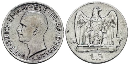 REGNO D'ITALIA. Vittorio Emanuele III (1900-1943). 5 lire 1926 "Aquilotto". Ag; 5gr; Gig.73; Raro; MB/BB