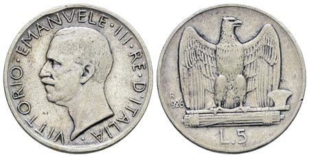 REGNO D'ITALIA. Vittorio Emanuele III (1900-1943). 5 lire 1926 "Aquilotto". Ag; 5gr; Gig.73b; Raro; MB/BB