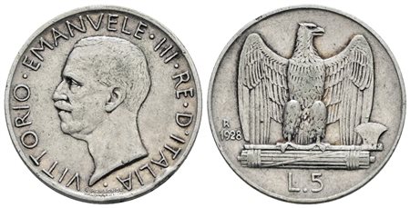 REGNO D'ITALIA. Vittorio Emanuele III (1900-1943). 5 lire 1928 "Aquilotto"**. Ag; 5gr; Gig. 75a; Raro; BB