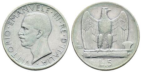 REGNO D'ITALIA. Vittorio Emanuele III (1900-1943). 5 lire 1928 "Aquilotto"**. Ag; 5gr; Gig. 75a; Raro. BB