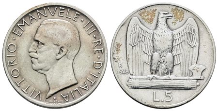 REGNO D'ITALIA. Vittorio Emanuele III (1900-1943). 5 lire 1928 "Aquilotto"**. Ag; 5gr; Gig. 75a; Raro; BB