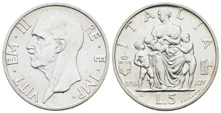 REGNO D'ITALIA. Vittorio Emanuele III (1900-1943). 5 lire 1936 "Famiglia". Ag; 5gr; Gig. 83; SPL/FDC