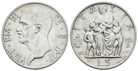 REGNO D'ITALIA. Vittorio Emanuele III (1900-1943). 5 lire 1937 "Famiglia". Ag; 5gr; Gig. 84; Raro; BB