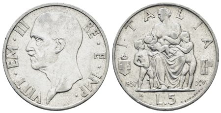 REGNO D'ITALIA. Vittorio Emanuele III (1900-1943). 5 lire 1937 "Famiglia". Ag; 5gr; Gig. 84; Raro; BB