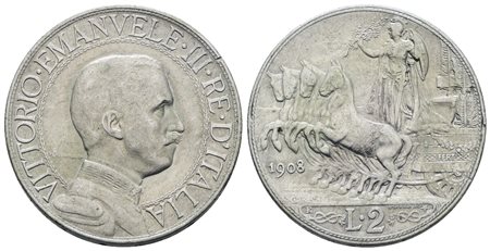 REGNO D'ITALIA. Vittorio Emanuele III (1900-1943). 2 lire 1908 "Quadriga veloce". Ag; 10gr; Gig. 96; BB