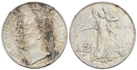 REGNO D'ITALIA. Vittorio Emanuele III (1900-1943). 2 lire 1911 "Cinquantenario". Ag; 10gr; Gig.100; BB+