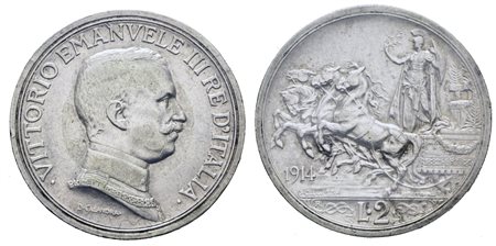 REGNO D'ITALIA. Vittorio Emanuele III (1900-1943). 2 lire 1914 "Quadriga briosa". Ag; 10gr; Gig. 101; BB/SPL