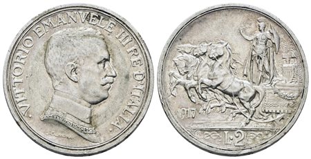 REGNO D'ITALIA. Vittorio Emanuele III (1900-1943). 2 lire 1917 "Quadriga briosa". Ag; 10gr; Gig. 104; NC; BB/SPL