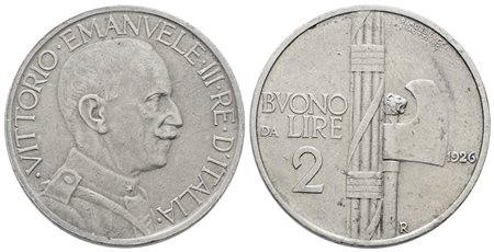 REGNO D'ITALIA. Vittorio Emanuele III (1900-1943). 2 lire 1926 "Fascio". Ni; Gig. 108; Raro; BB
