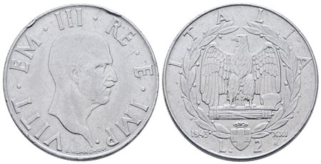 REGNO D'ITALIA. Vittorio Emanuele III (1900-1943). 2 lire 1943 "Impero". Ac; 10gr; Gig. 124; Raro; BB, colpetti al bordo.