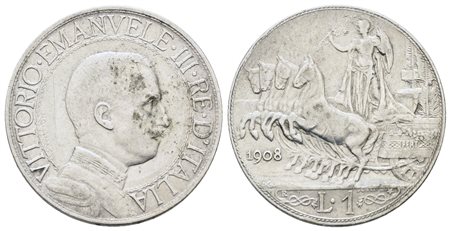REGNO D'ITALIA. Vittorio Emanuele III (1900-1943). 1 lira 1908 "Quadriga veloce". Ag; Gig. 132; NC; BB