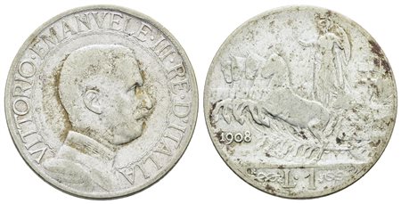 REGNO D'ITALIA. Vittorio Emanuele III (1900-1943). 1 lira 1908 "Quadriga veloce". Ag; 5gr; Gig.132; NC; MB+