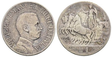 REGNO D'ITALIA. Vittorio Emanuele III (1900-1943). 1 lira 1908. Ag; 5gr; Gig.132; NC; BB/SPL