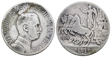 REGNO D'ITALIA. Vittorio Emanuele III (1900-1943). 1 lira 1909 "Quadriga veloce". Ag; Gig. 133; NC; MB