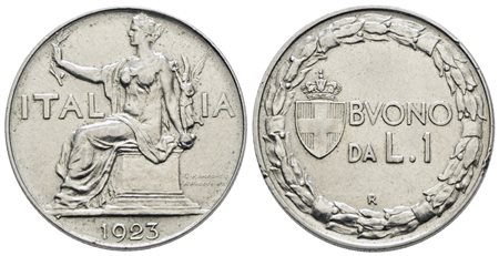 REGNO D'ITALIA. Vittorio Emanuele III (1900-1943). 1 lira 1923 "Italia seduta". Ni; 8gr; Gig. 141; Q.SPL