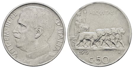 REGNO D'ITALIA. Vittorio Emanuele III (1900-1943). 50 centesimi 1919 liscio "Leoni". Ni; 6gr; Gig. 162; NC; MB/BB