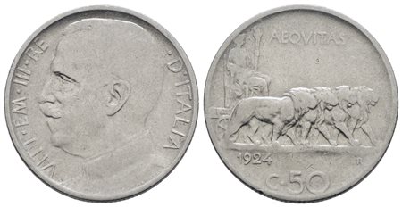 REGNO D'ITALIA. Vittorio Emanuele III (1900-1943). 50 centesimi 1924 rigato "Leoni". Ni; 6gr; Gig. 169; Raro; Q.BB