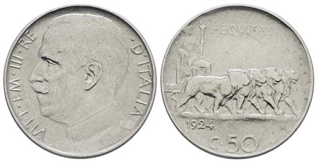 REGNO D'ITALIA. Vittorio Emanuele III (1900-1943). 50 centesimi 1924 liscio "Leoni". Ni; 6gr; Gig. 168; RRR; Q.BB