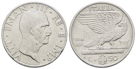 REGNO D'ITALIA. Vittorio Emanuele III (1900-1943). 50 centesimi 1936 "Impero". Ni; 6gr; Gig. 182; Raro; BB+
