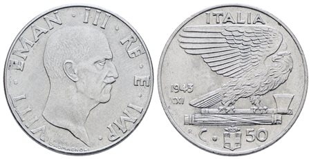 REGNO D'ITALIA. Vittorio Emanuele III (1900-1943). 50 centesimi 1943 "Impero". Ac; 6gr; Gig. 188; Raro; SPL+