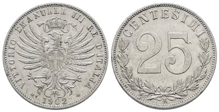 REGNO D'ITALIA. Vittorio Emanuele III (1900-1943). 25 centesimi 1902. Ni; 4gr; Gig. 191; Raro; BB/SPL