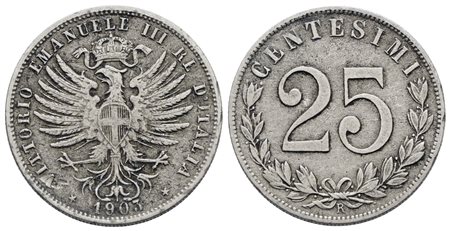REGNO D'ITALIA. Vittorio Emanuele III (1900-1943). 25 centesimi 1903. Ni; 4gr; Gig. 192; Raro; BB