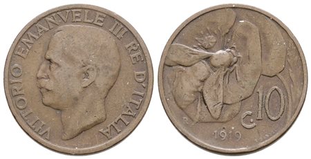 REGNO D'ITALIA. Vittorio Emanuele III (1900-1943). 10 centesimi 1919 "Ape". Cu; 5,4gr; Gig.228; Raro; BB