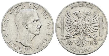 ALBANIA. Vittorio Emanuele III (1939-1943). 10 Lek, 1939. Ag; 10gr; Gig.1; QSPL