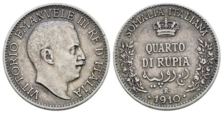SOMALIA ITALIANA. Vittorio Emanuele III (1909-1925). Quarto di rupia 1910. Ag; 2,92gr; Gig.14; NC; BB/SPL