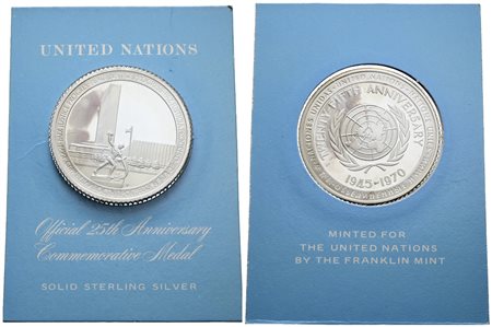 ONU. Medaglia 1970 25th anniversary United Nations 1945-1970. Ag 925; 26,5gr; 38,5mm; FDC, 
