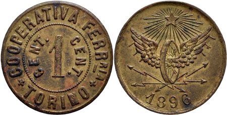 TORINO - Gettone - 1896 - Cooperativa Ferroviaria Ø: 18 mm. - BR Dal valore di 1 centesimo. BB-SPL