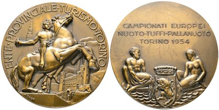 TORINO. Medaglia Ente Provinciale Turismo Torino 1954. Campionati europei nuoto, tuffi, pallanuoto. Ae; 72mm FDC