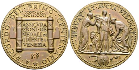 TRIESTE. Medaglia centenario Assicurazioni Generali di Trieste e Venezia 1931. Opus: Supino. AE Dorato.55mm. Colpetti. SPL