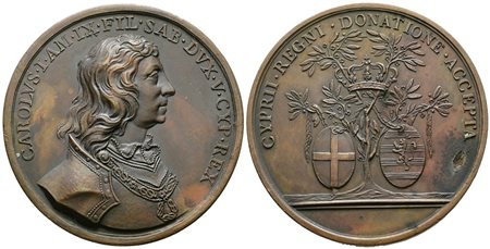 PERSONAGGI. Medaglia Carlo I duca di Savoia per il dono di Cipro al ducato. AE 50mm. RARA. BB+