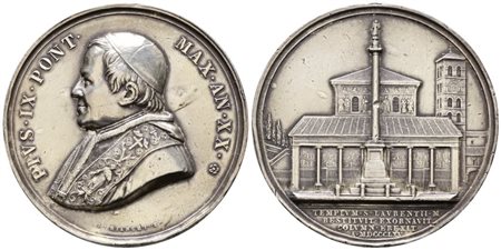 STATO PONTIFICIO. PIO IX (1846-1878). Medaglia a. XX 1865 S. Lorenzo fuori le Mura Ag. 33,7gr. 43,5mm. Rara. BB+