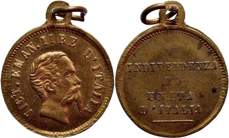 SAVOIA - V.Emanuele II Re d'Italia Medaglia Indipendenza e Unità d'Italia  Ø: 16 mm. - (AE dorato g. 0,88). qFDC